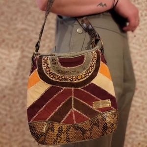 Billabong Patchwork Shoulder Bag in Burgundy, Brown, Tan, Orange